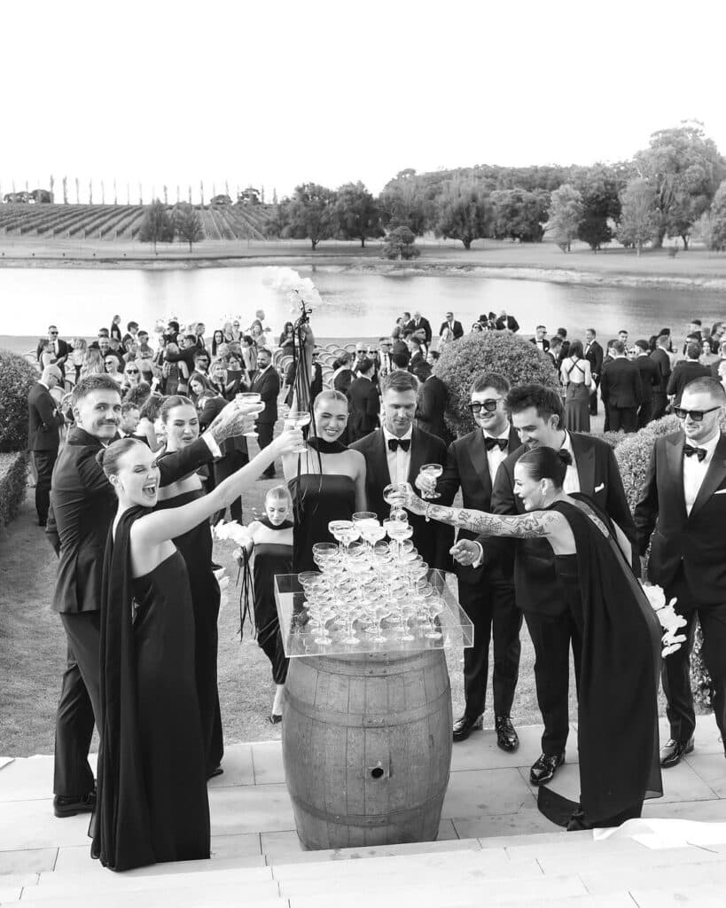 Em Davies, Margaret River Wedding, Love Story, Emiliy Davies, Joel Gambin, Influencer wedding, Vogue Australia, champagne tower, eurpoean wedding