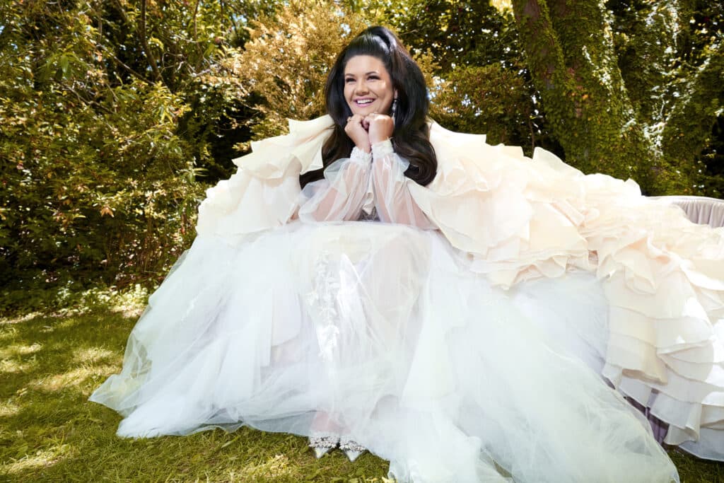 Tanya Hennessy, a vision in a white bridal gown.