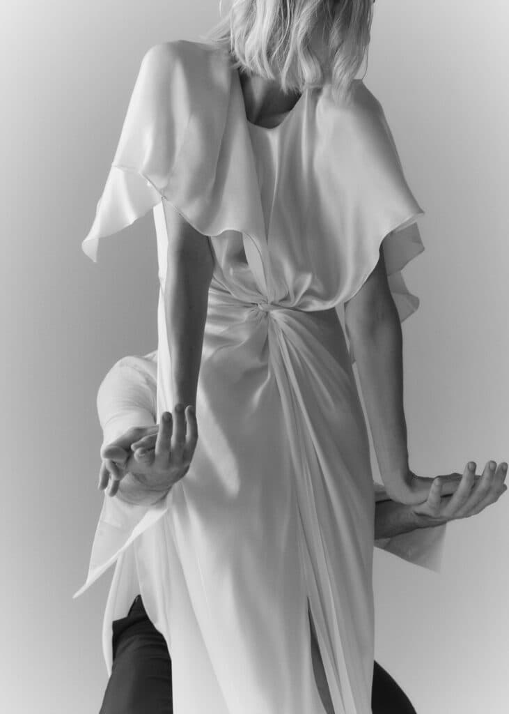 A flowy wedding dress with romantic sleeves