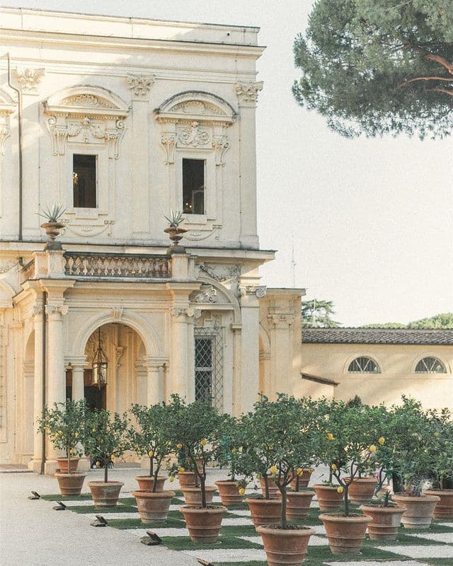 A beautiful Italian villa at sunset.