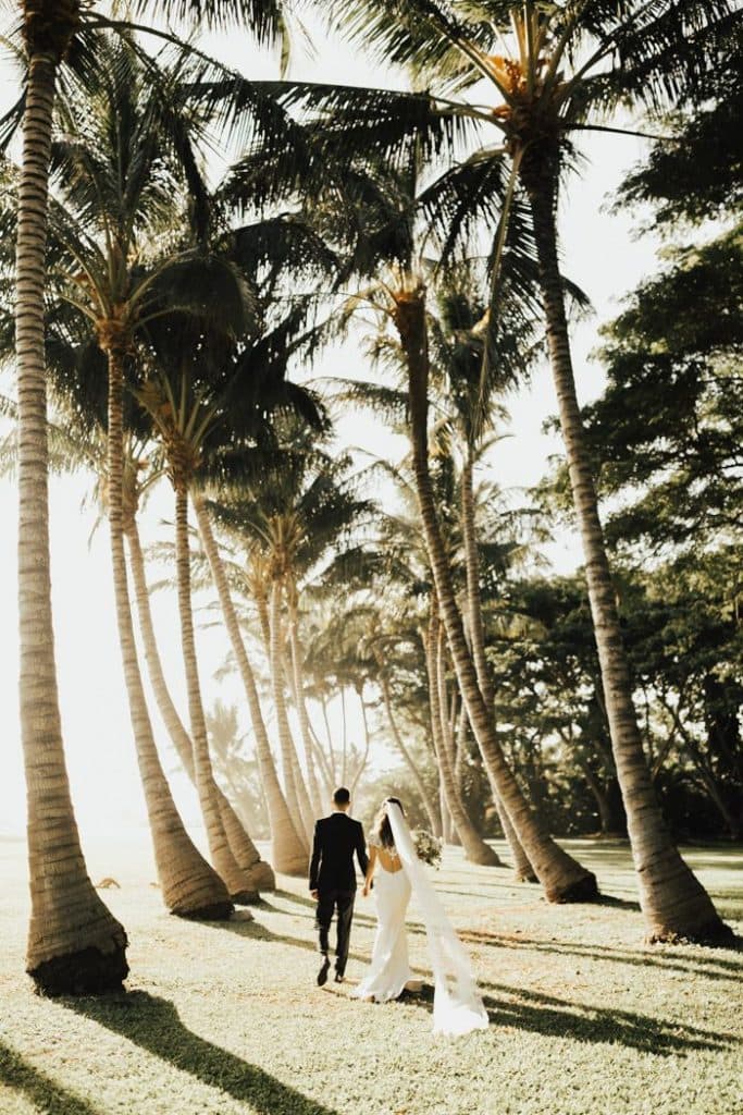 Beach wedding destination couple surrounded by palm trees