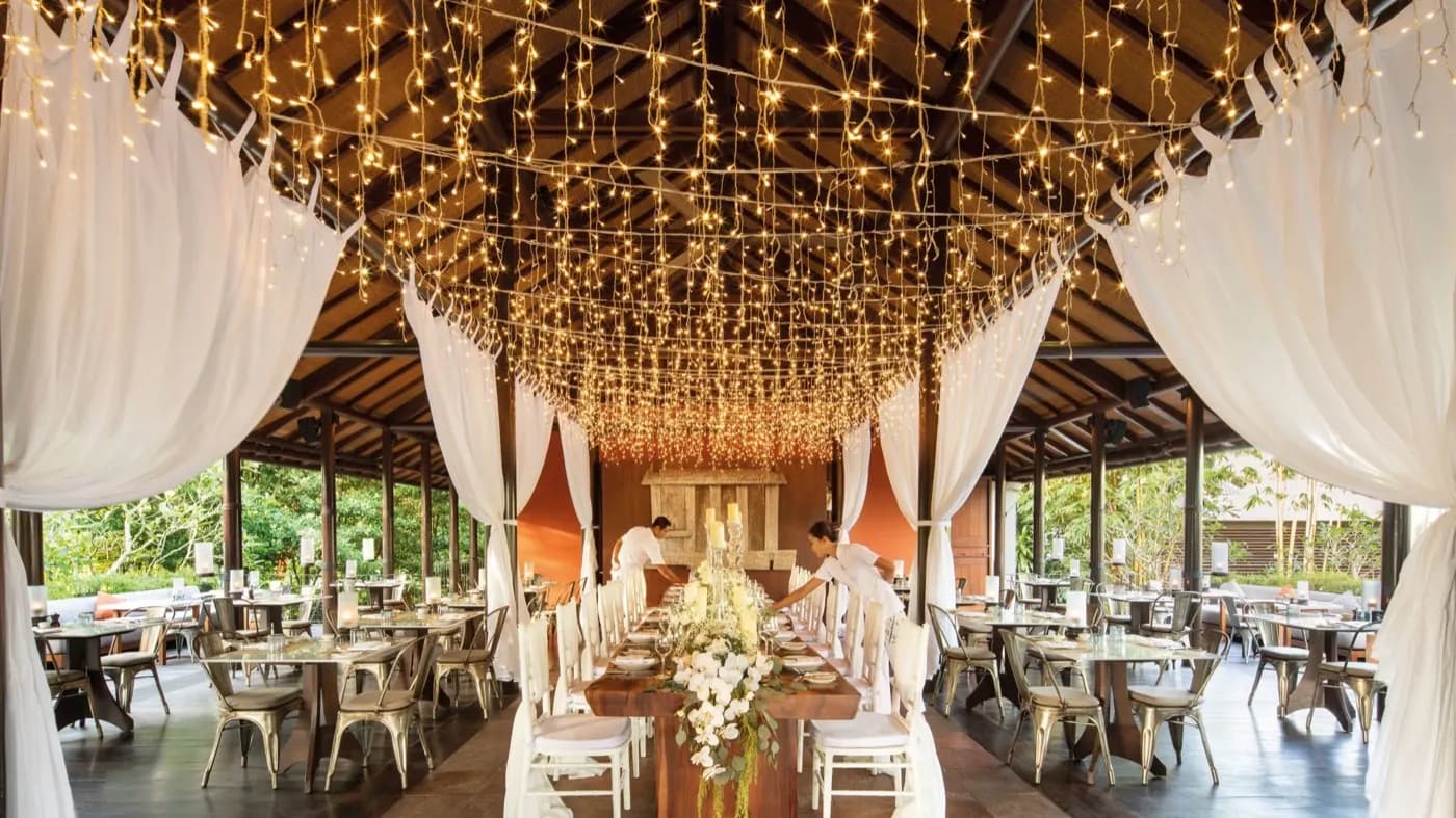 Dinner set-up under lights