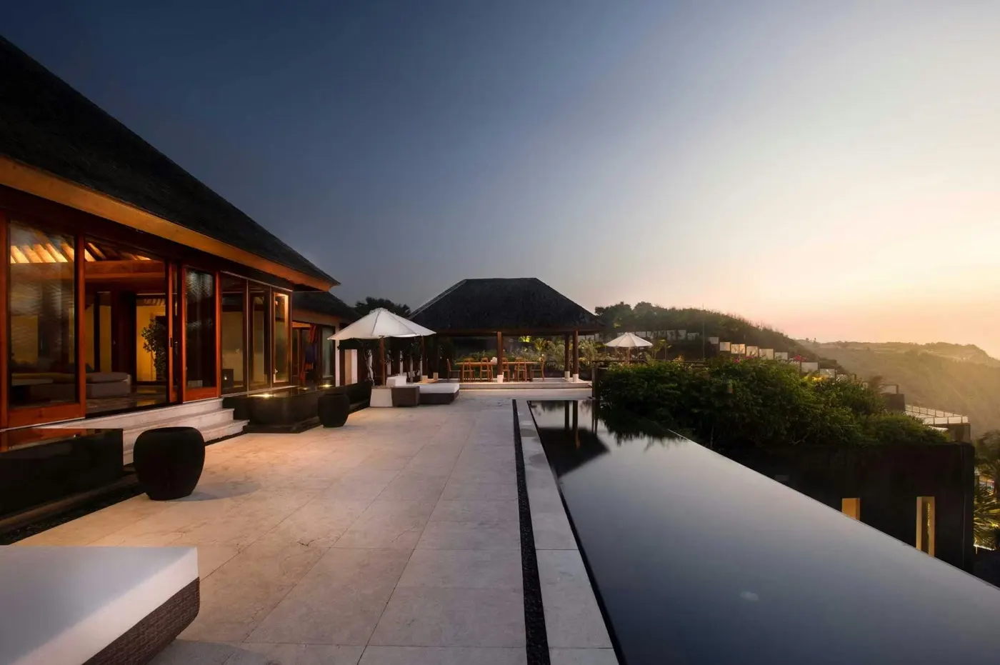 Infinity pool terrace at dusk