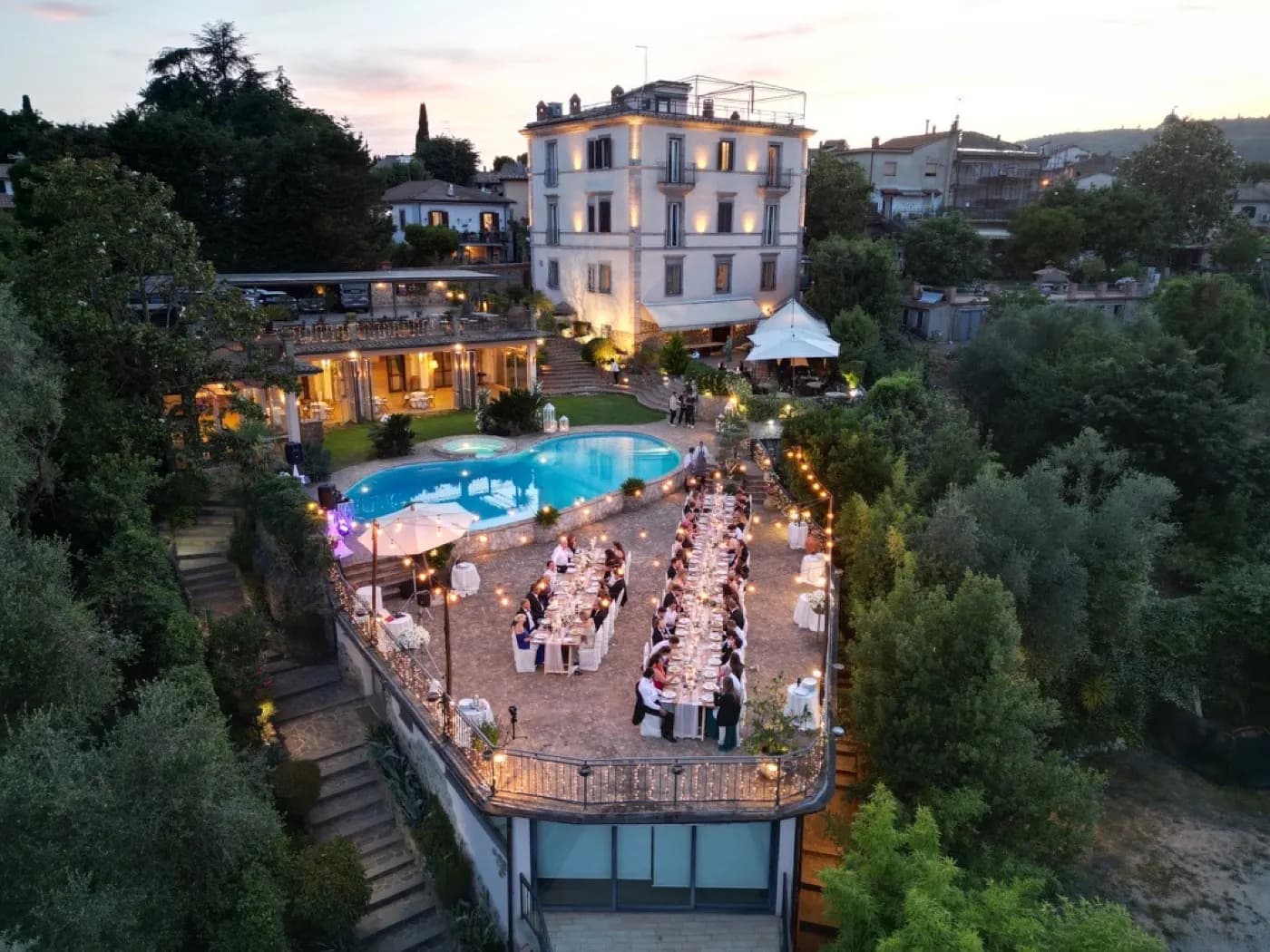 Villa and pool at dusk
