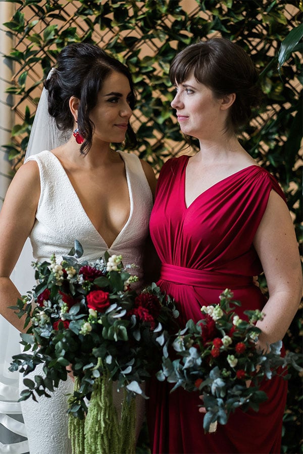 best friend bride and bridesmaid modern glam wedding