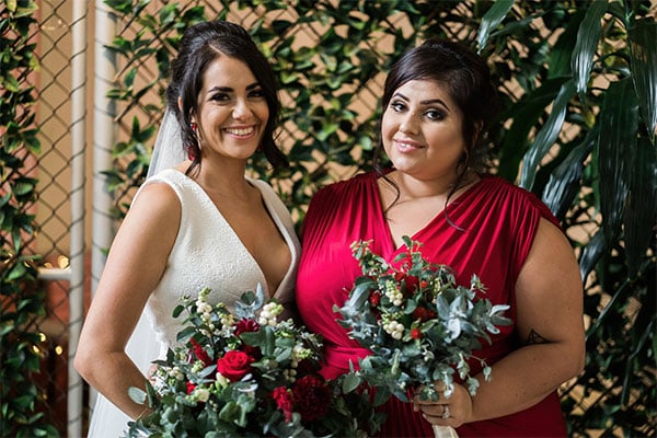 best friend bride and bridesmaid modern glam wedding
