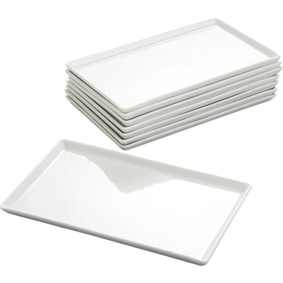 CB2 Set Of 8 Cuatro Medium Platters (115 BRL) ❤ liked on Polyvore featuring home, kitchen &amp; dining, serveware, porcelain platter, white platter, white porcelain serveware, white serveware and white porcelain platter: 