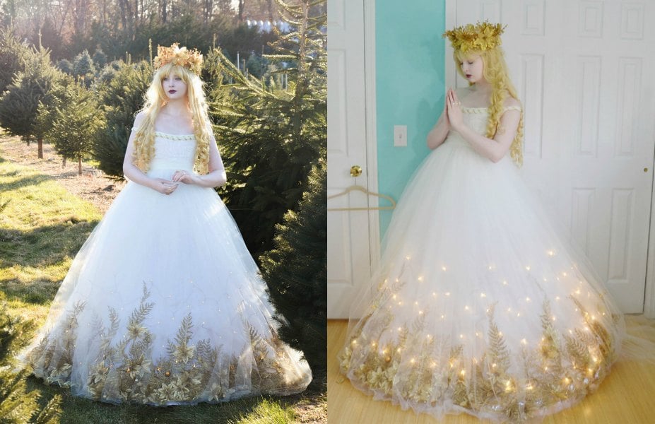 angela clayton, angela clayton costume, angela clayton wedding, led light wedding gown, light-up wedding gown, costume designer new york, gold and white wedding gown lights