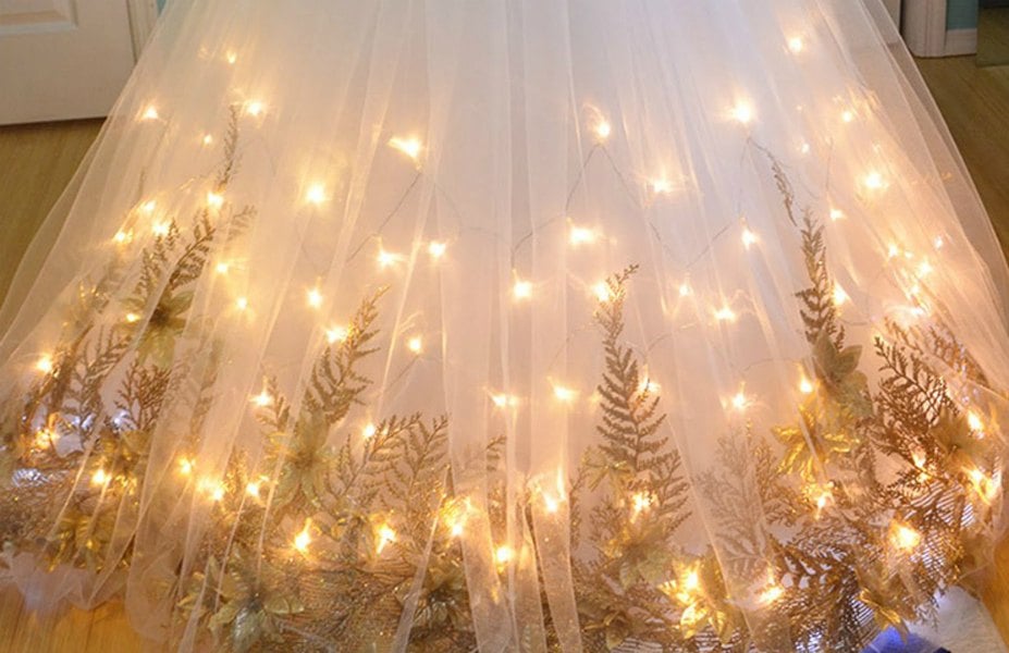 angela clayton, angela clayton costume, angela clayton wedding, led light wedding gown, light-up wedding gown, costume designer new york, gold and white wedding gown lights