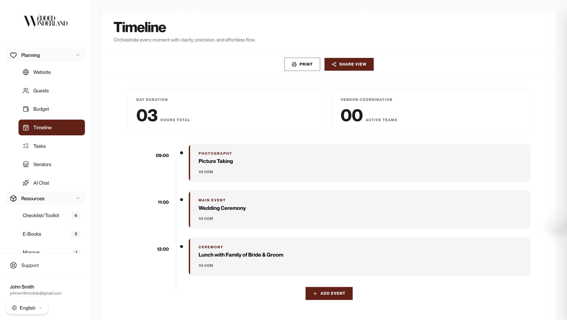 Wonderland Studio day-of timeline planner