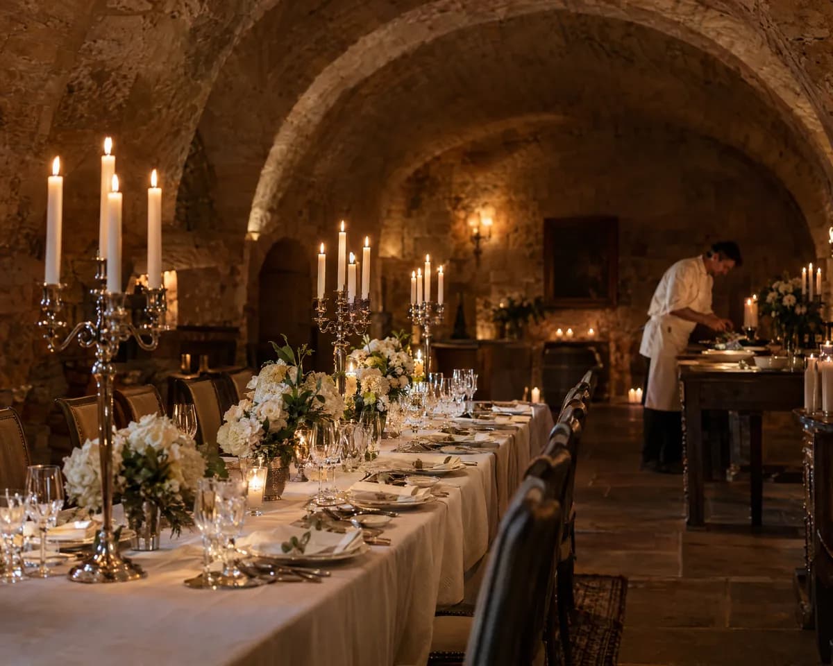 A private chef preparing dinner in the candlelit cellar of a castle estate