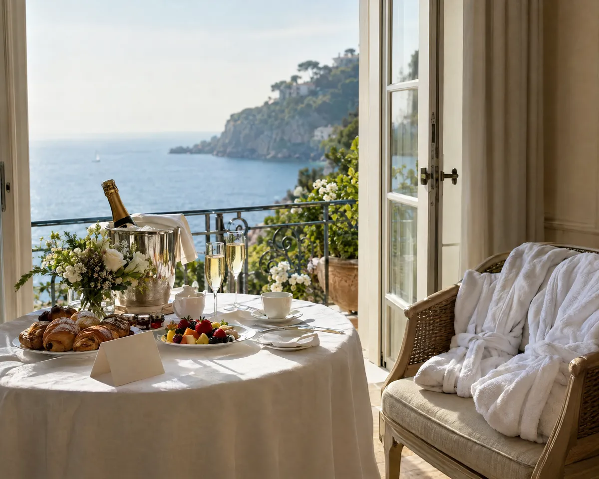 Breakfast for two laid out on a suite terrace above the sea