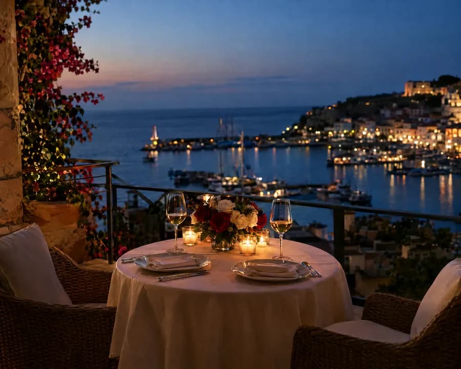 A candlelit dinner for two on a terrace above a harbour at dusk