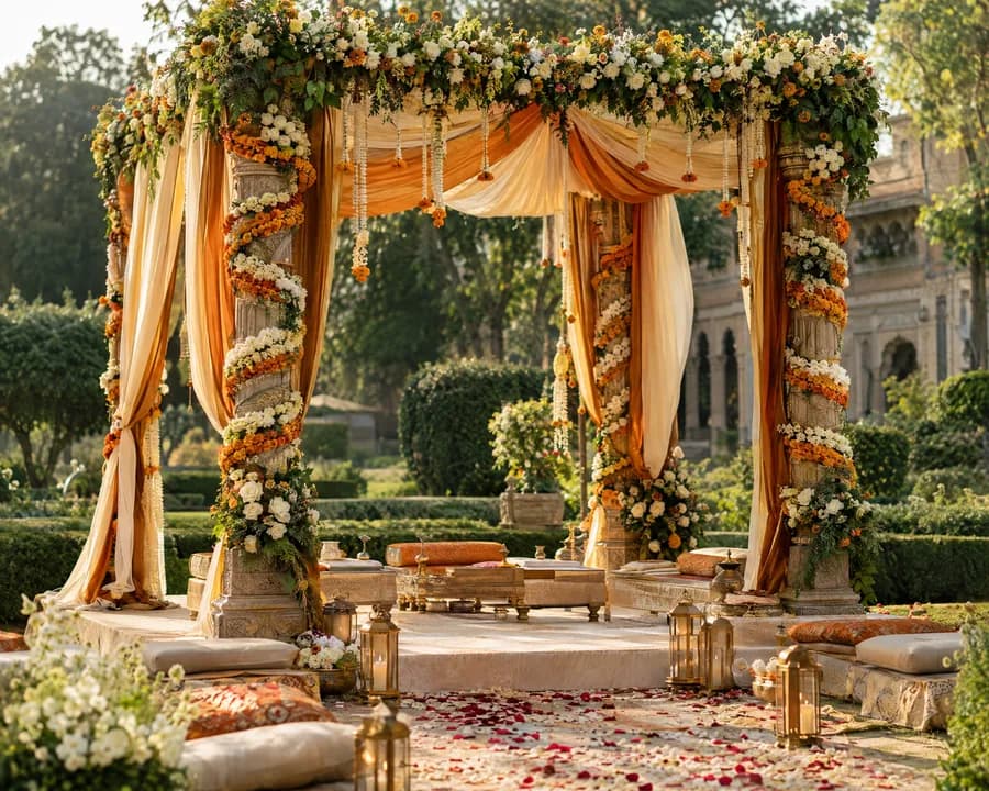 A ceremony canopy garlanded with marigolds and roses in an estate garden