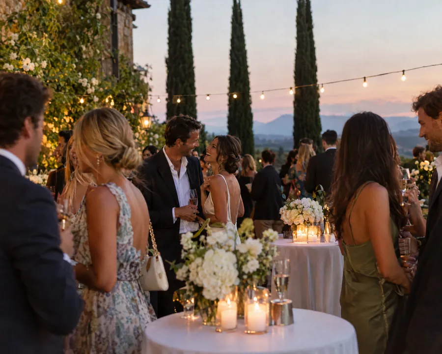 Guests with champagne at an engagement party in a villa garden at dusk