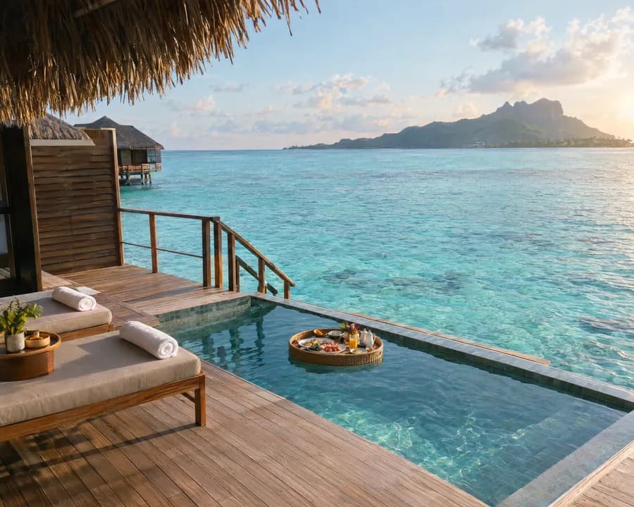 An overwater villa deck with a plunge pool above a turquoise lagoon