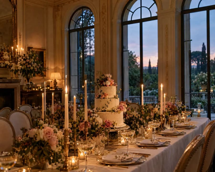 A candlelit birthday dinner with a tiered cake in a villa dining room