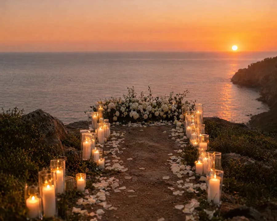 A candlelit path of rose petals leading to the cliff edge at sunset
