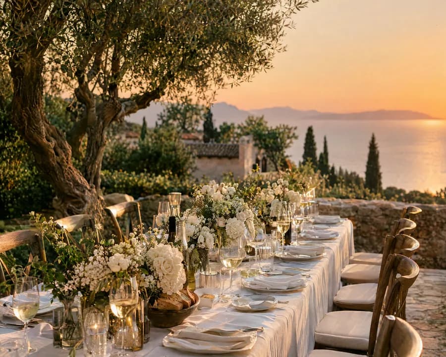 A long garden lunch table at a Mediterranean villa above the sea