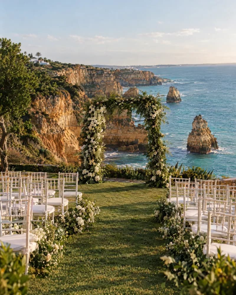 A clifftop wedding ceremony above the sea stacks of the Algarve
