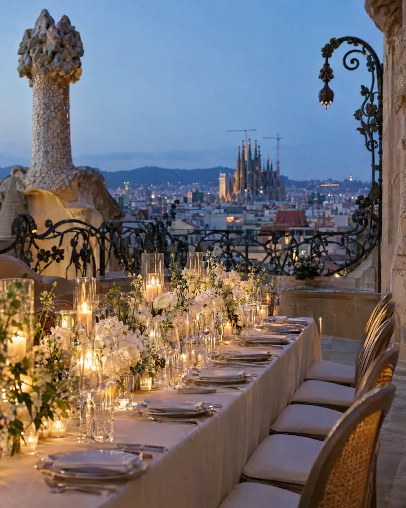 A rooftop wedding dinner in Barcelona with the Sagrada Família beyond