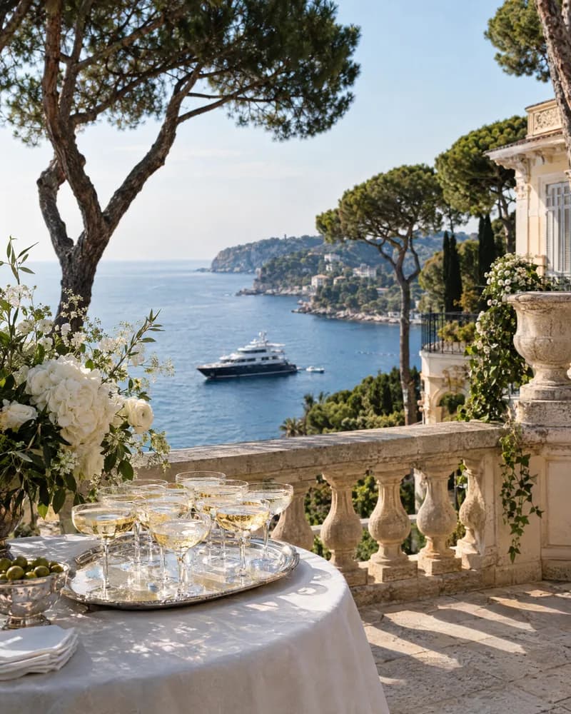 Champagne on a villa terrace above the Mediterranean on the French Riviera