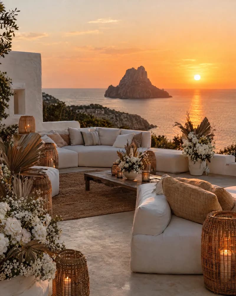 A clifftop villa lounge facing the sunset and Es Vedrà in Ibiza
