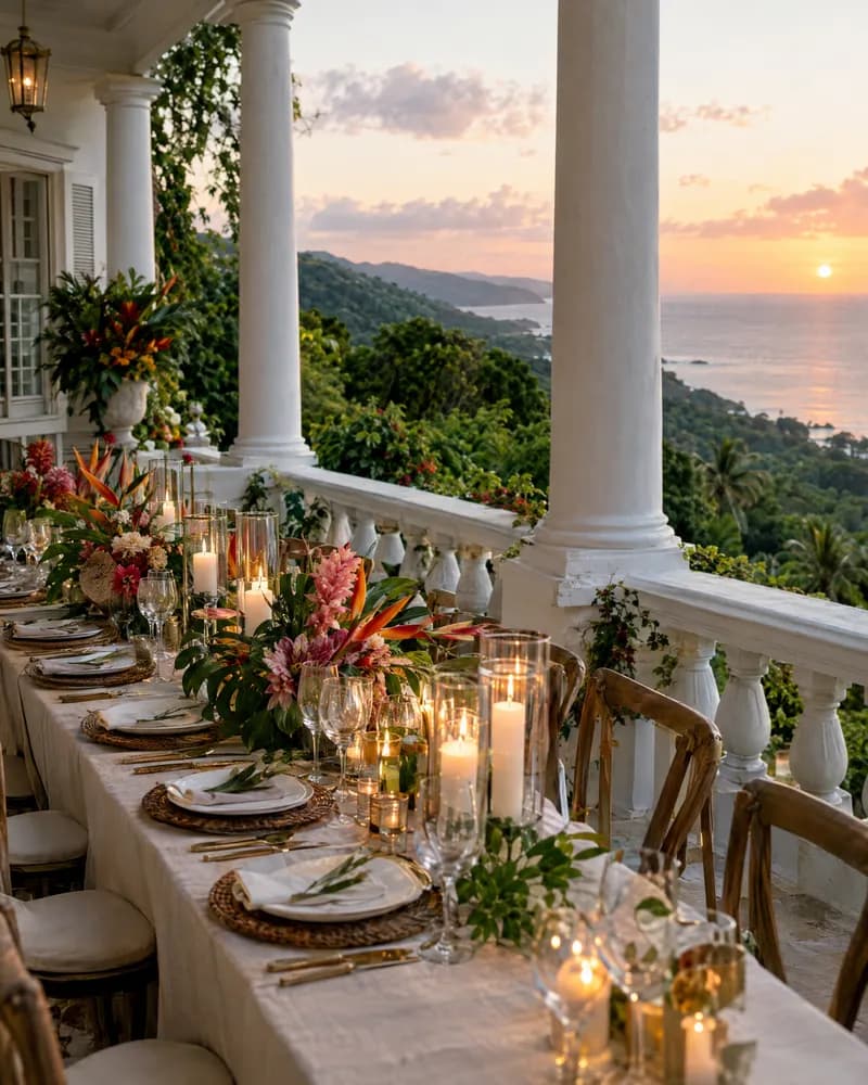 A wedding reception on the veranda of a Jamaican great house at sunset