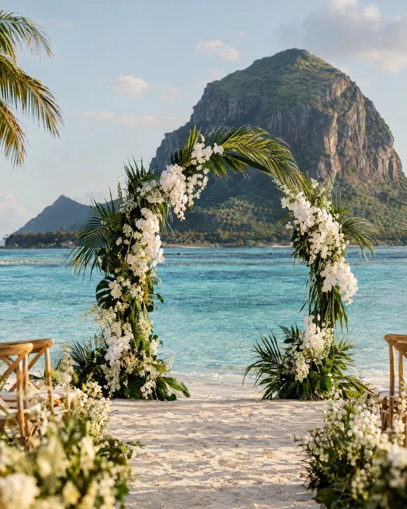 A beach wedding arch before Le Morne Brabant in Mauritius