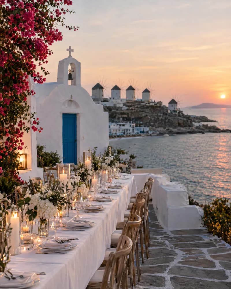 A wedding table beside a white chapel and windmills on Mykonos