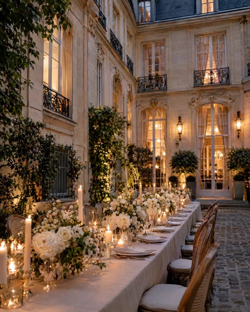 A candlelit wedding dinner in the courtyard of a Parisian hôtel particulier