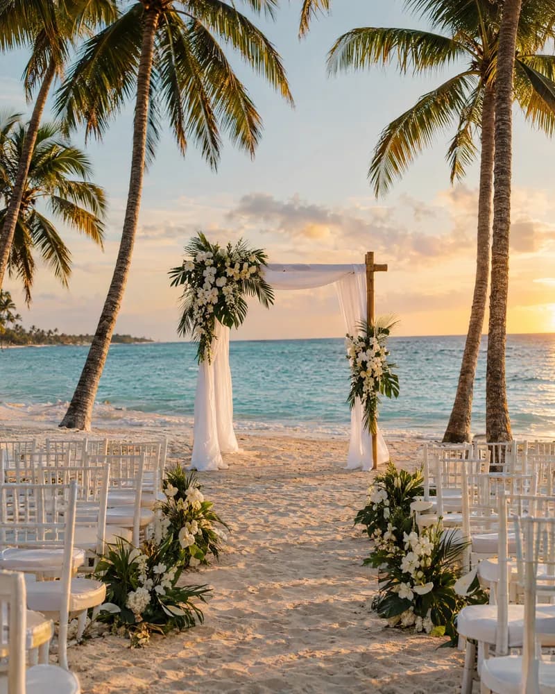 A beach wedding ceremony beneath palms in Punta Cana