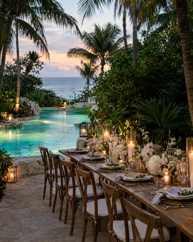 A wedding dinner in a jungle clearing beside a turquoise pool in the Riviera Maya