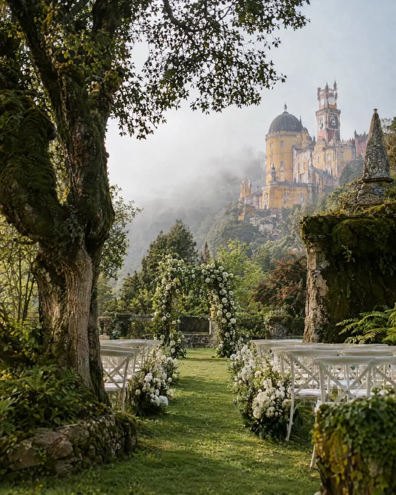 A garden ceremony below a hilltop palace in Sintra