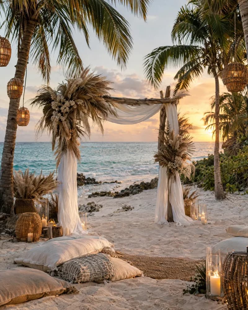 A driftwood wedding arch on the sand in Tulum