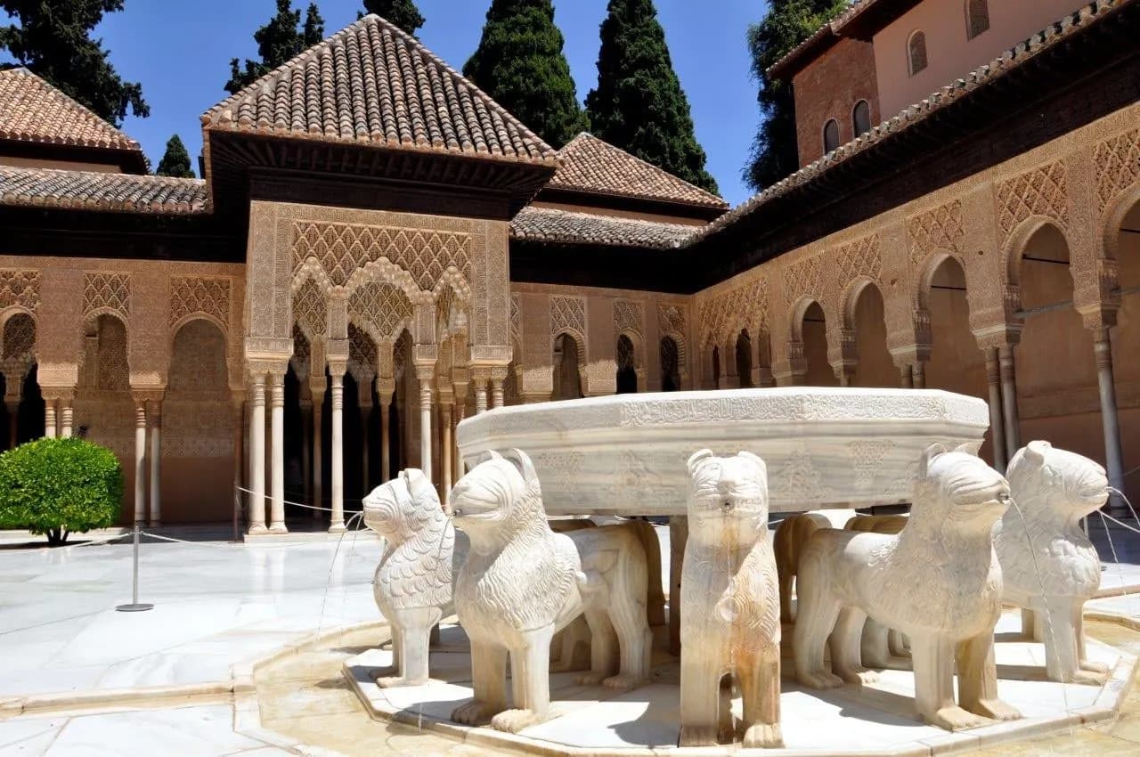 The marble lion fountain in the Court of the Lions at the Alhambra