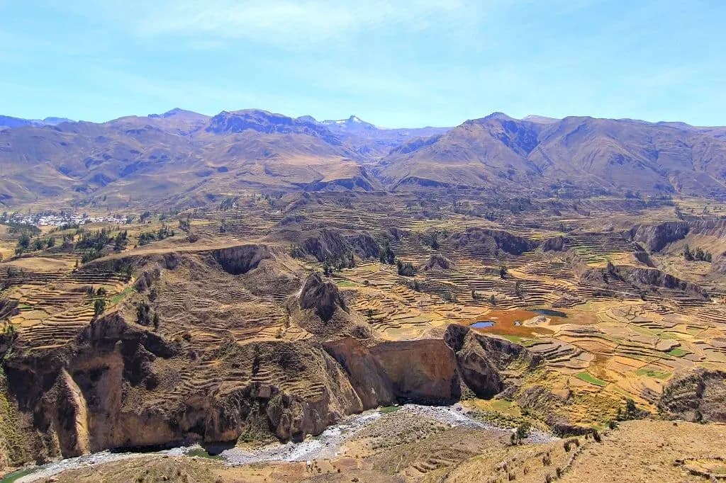 Farmed terraces across the Colca Valley with mountains behind