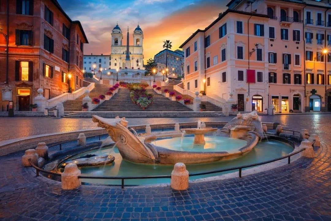 The Spanish Steps and the boat fountain in Rome before dawn