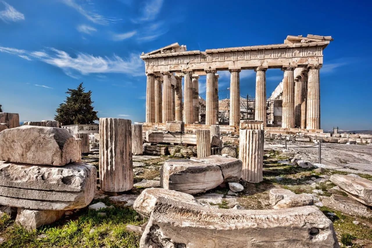 The Parthenon on the Acropolis, with marble fragments in the foreground