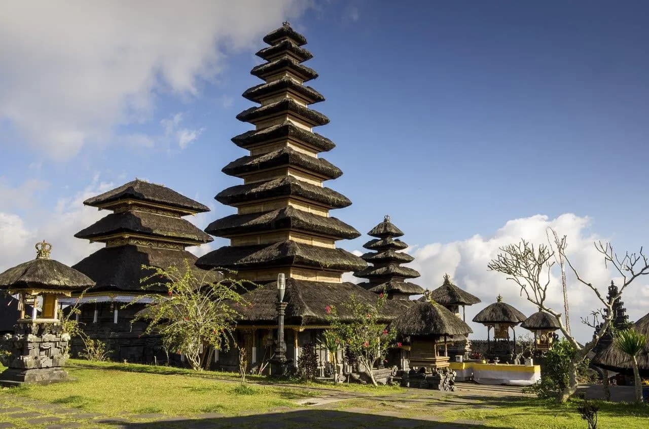 Tall tiered meru shrines in the grounds of a Balinese temple