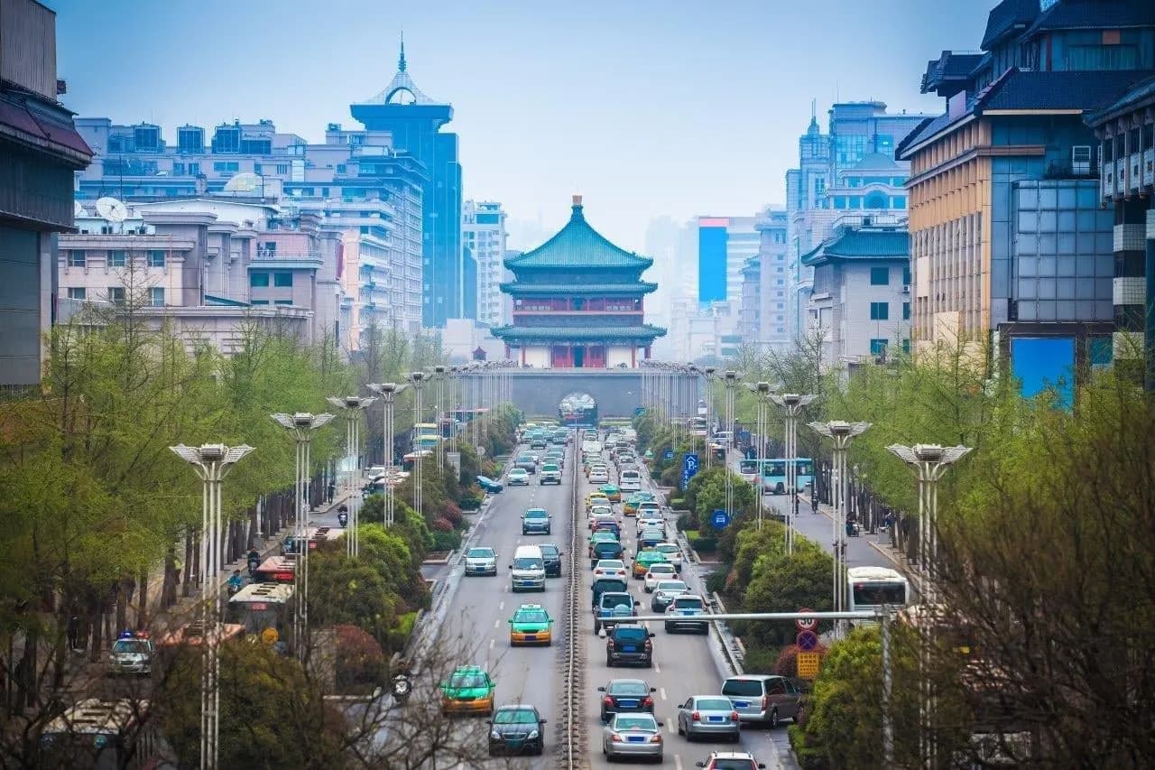 The Bell Tower of Xi'an at the end of a tree-lined avenue