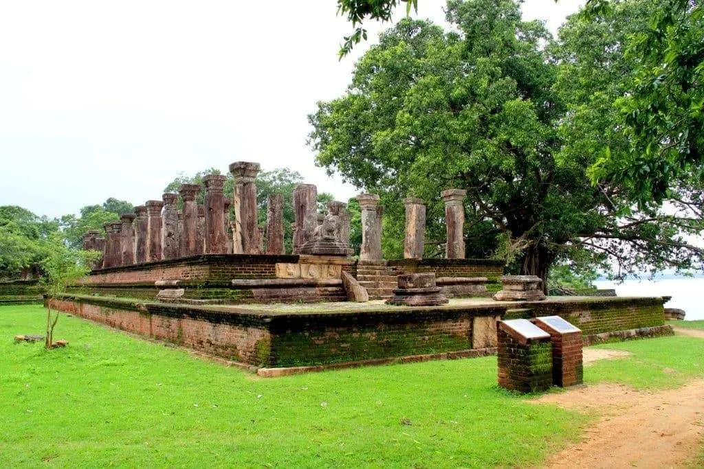 Stone pillars of an ancient hall on a lawn shaded by a large tree