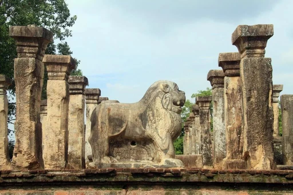 A carved stone lion among the pillars of a ruined royal hall at Polonnaruwa