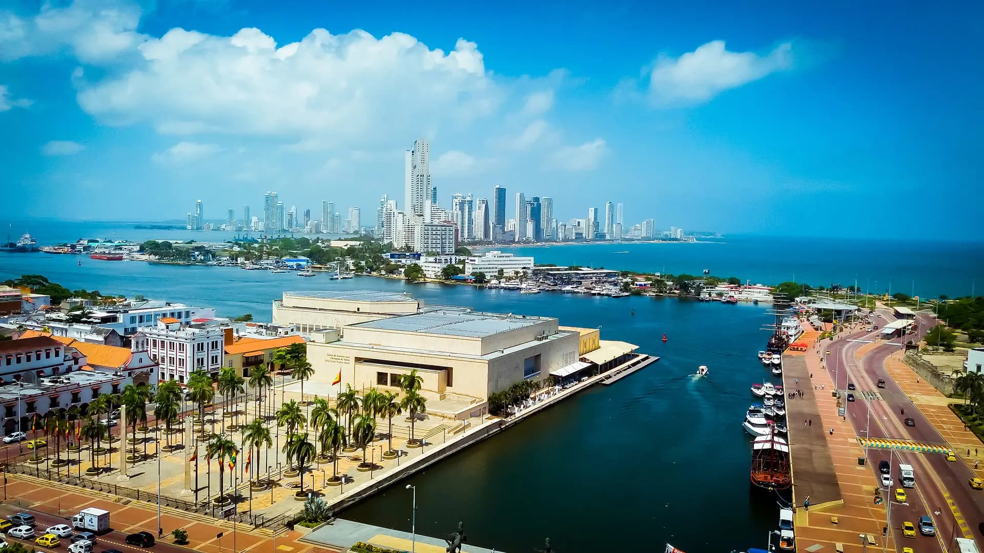 Cartagena's bay and modern skyline beyond the old town waterfront