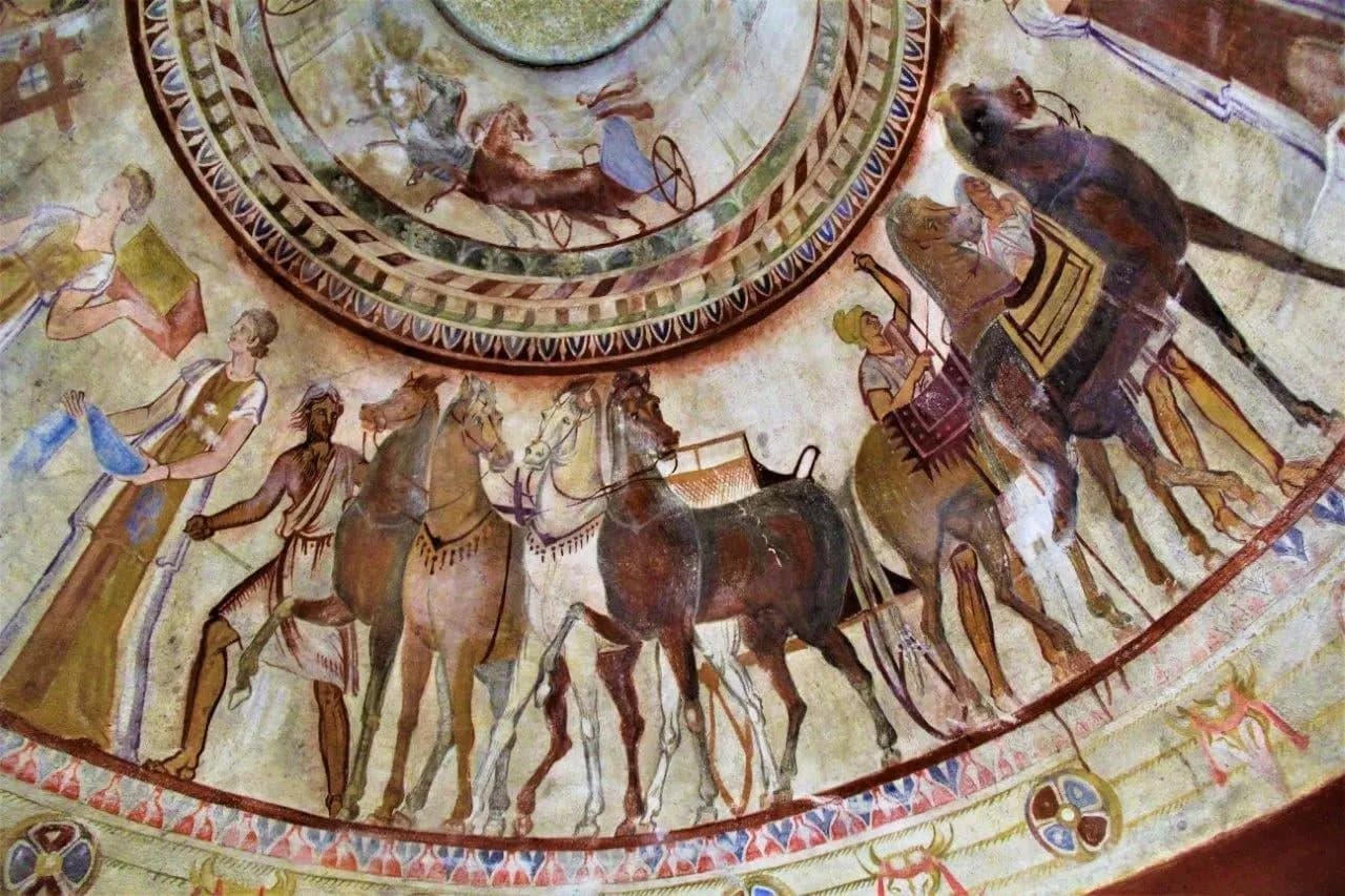 Horses and figures painted on the dome of a Thracian tomb