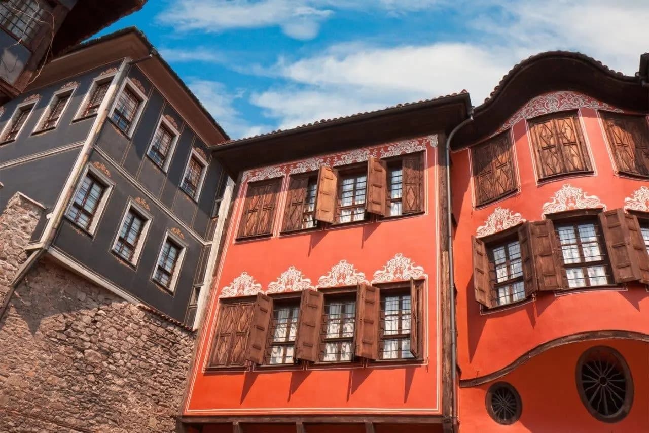 Painted revival-era houses with carved eaves in Plovdiv old town