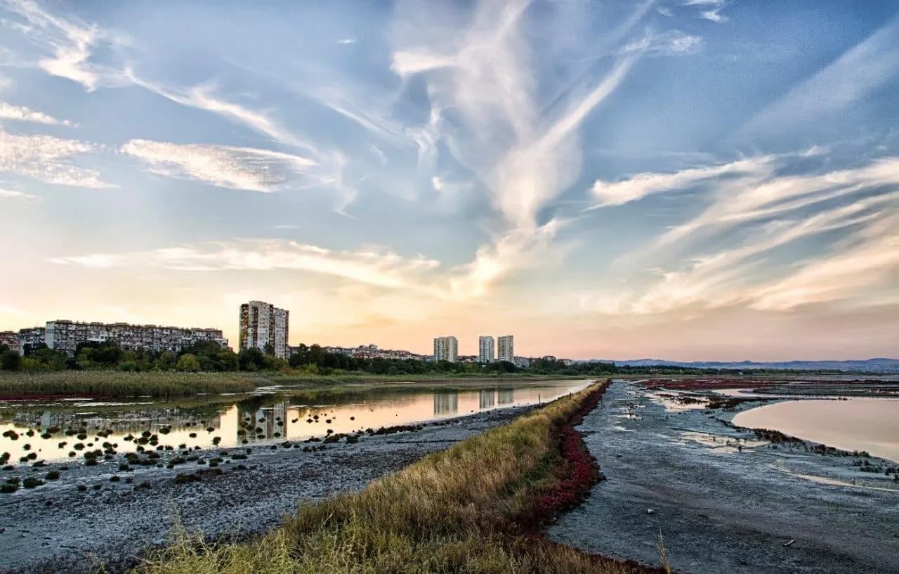 Evening sky over the lagoons and shoreline near Burgas