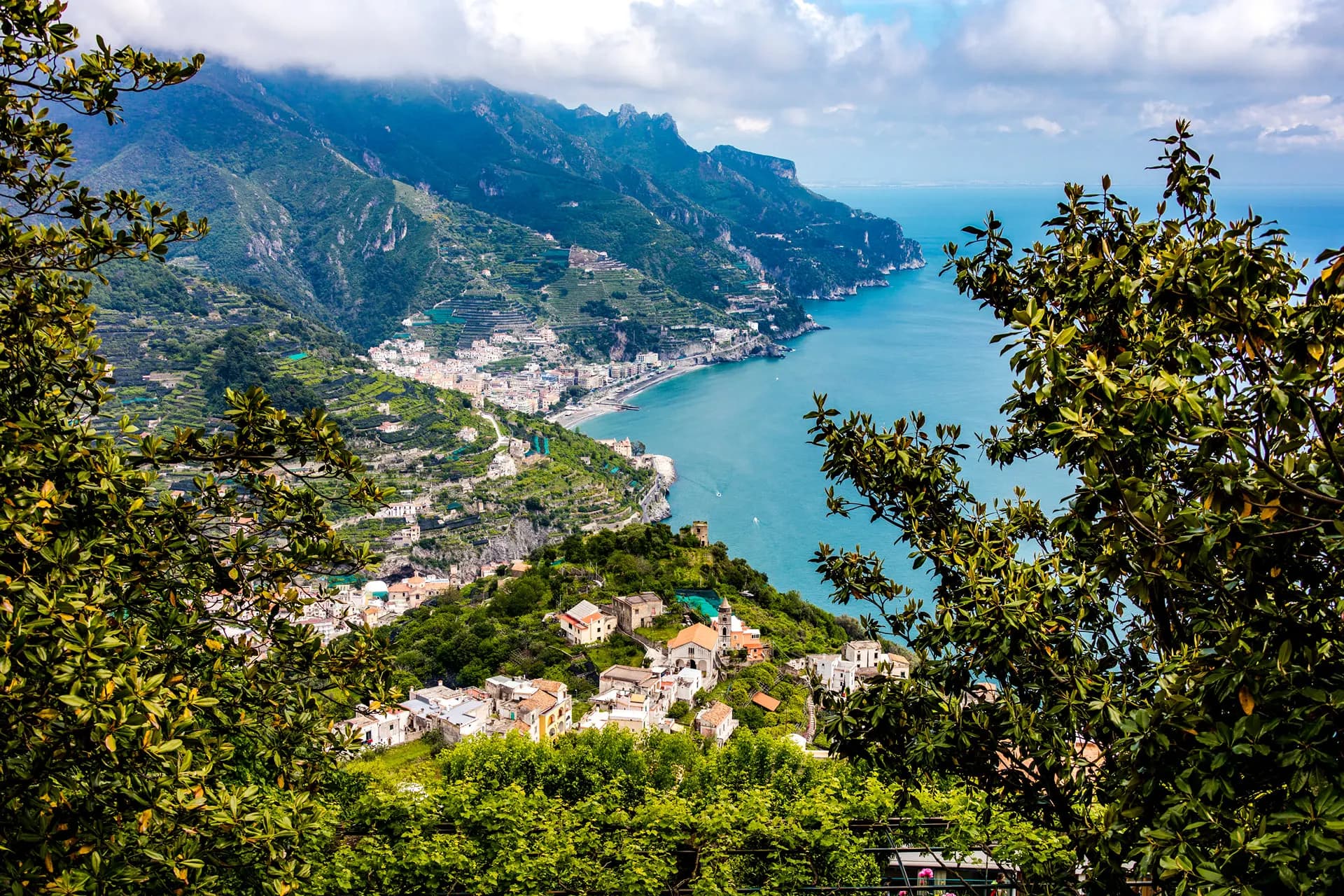 Looking down the Amalfi Coast from the hills of Ravello to a town on the shore