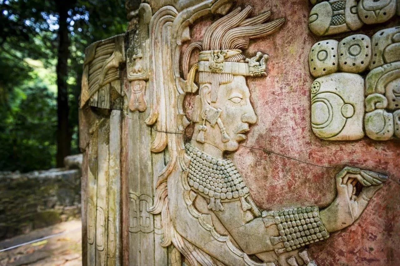 A carved Maya relief of a figure in profile, on a red stone panel