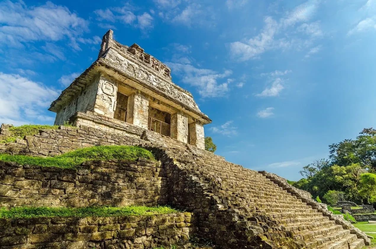 A Mayan temple at the top of a stone stairway at Palenque